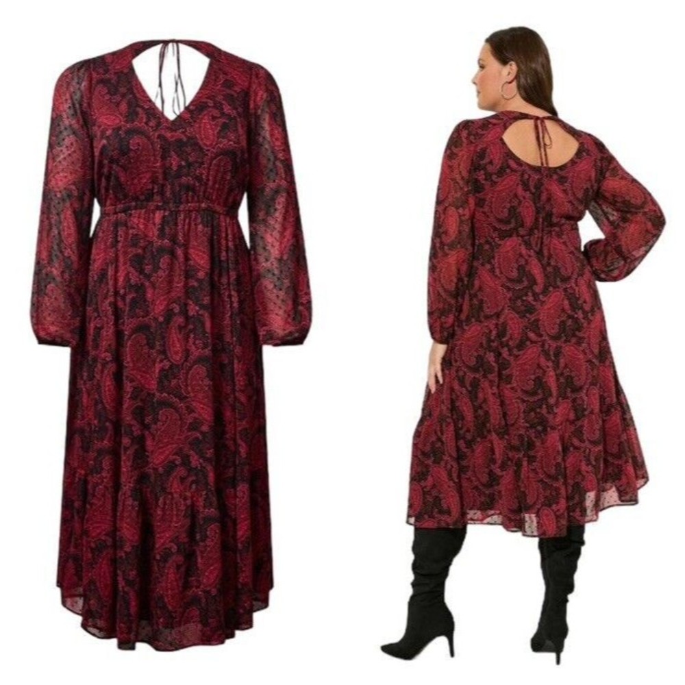 Torrid Tea Length Clip Dot Open Back A-Line Long Sleeve Dress Sz 5X NWT Lined